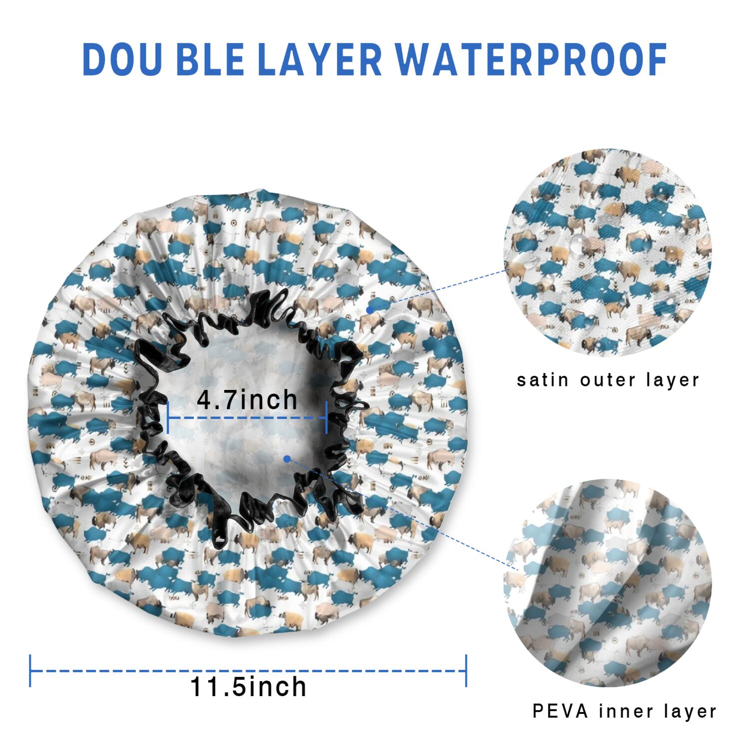 Shower Caps,White Buffalo Pattern Waterproof Shower Cap for Women 4 Pieces,Double Reusable Hair Cover for Shower PEVA Elastic Stretch Hem