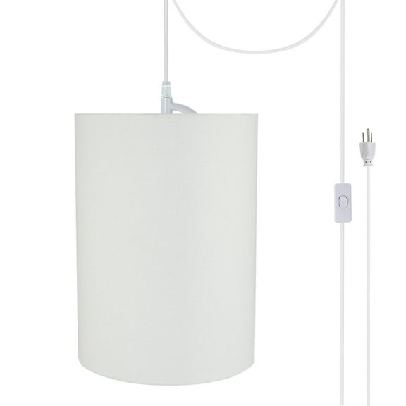 Aspen Creative 71261-21 One-Light Plug-In Swag Pendant Light Conversion Kit with Transitional Drum Fabric Lamp Shade, White, 8" width