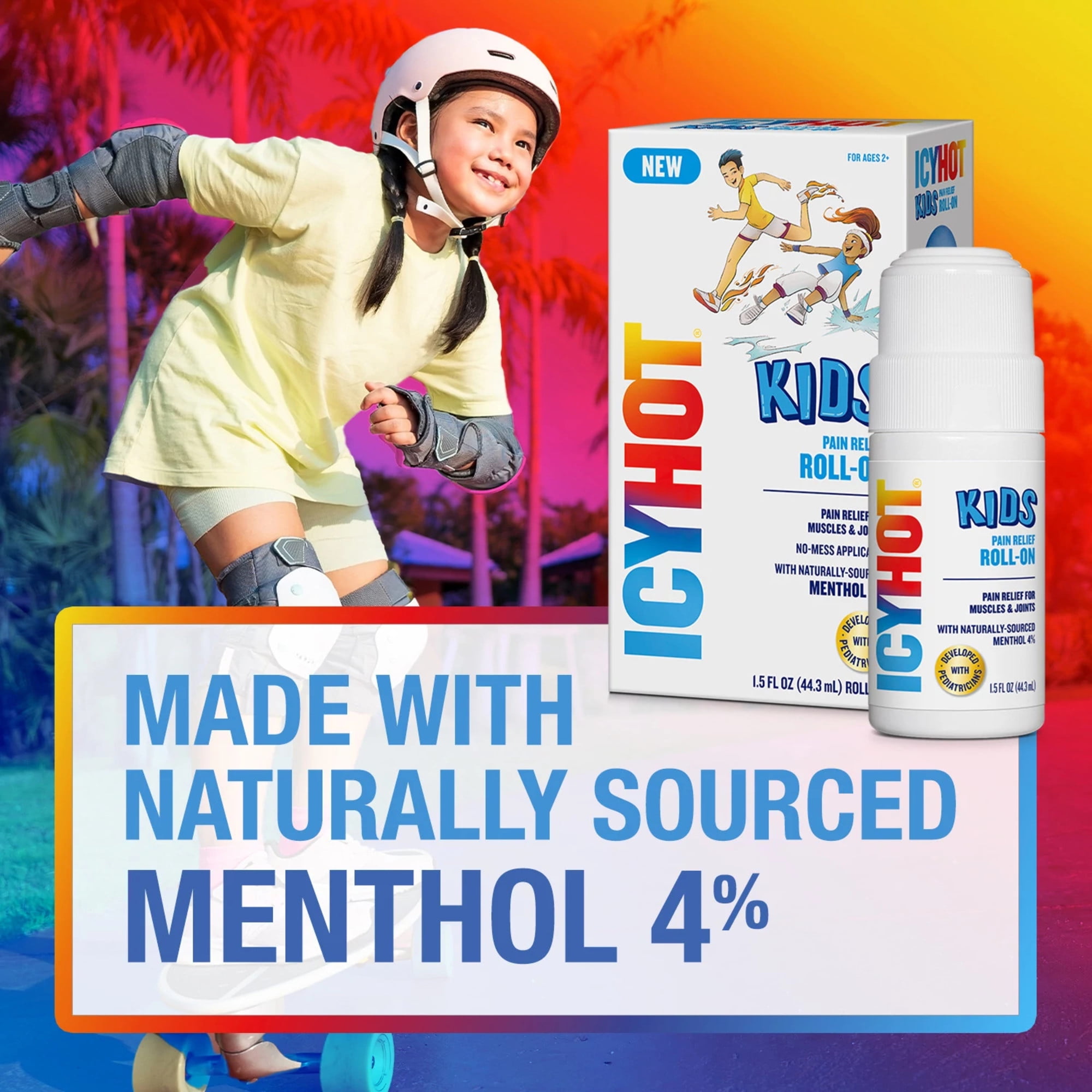Icy Hot Kids No-Mess Pain Relief Roll-On Liquid With Naturally Sourced Menthol 4%, Developed With Pediatricians, 1.5 oz.