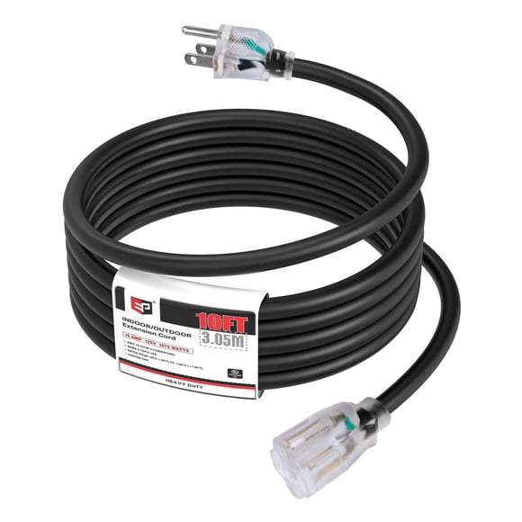 Cable de extensión EP de 10 pies, calibre 14, 3 puntas, SJTW, 15 A, 125 V, negro