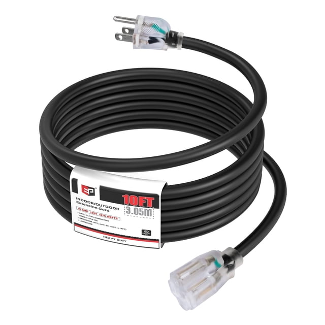 Cable de extensión EP de 10 pies, calibre 14, 3 puntas, SJTW, 15 A, 125 V, negro
