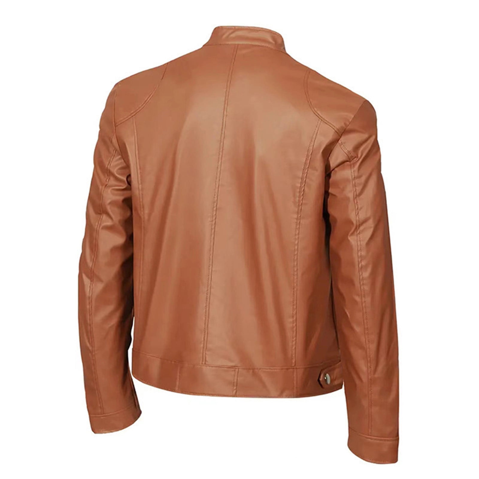Maoxin Leather Jacket Men Men Stand Collar Zipper Pocket Solid Color Suit Long Sleeved Hatless Leatherwear Loose Coat Jacket Plus Size Leather Jacket Khaki 4XL