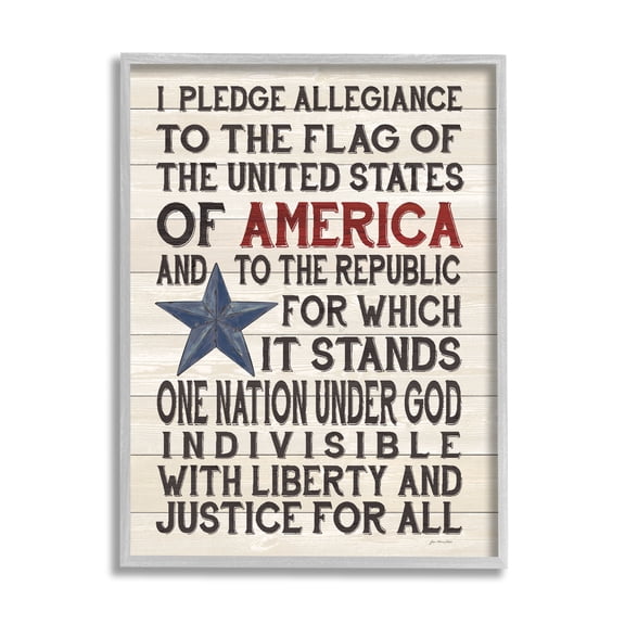Stupell Industries Pledge of Allegiance Stars and Stripes Americana Rustic Wood Look Sign Graphic Art Framed Art Print Wall Art, 16x20, By Jo Moulton