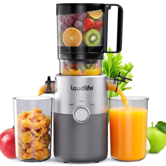 Cold Press Juicer, 5.3" Large Feed Chute Slow Masticating Juicer, High Juice Yield, Ultra Quiet, Easy Clean, BPA Free, Ideal Self-Feeding Juicer for Whole Fruits & Vegetables, Gray