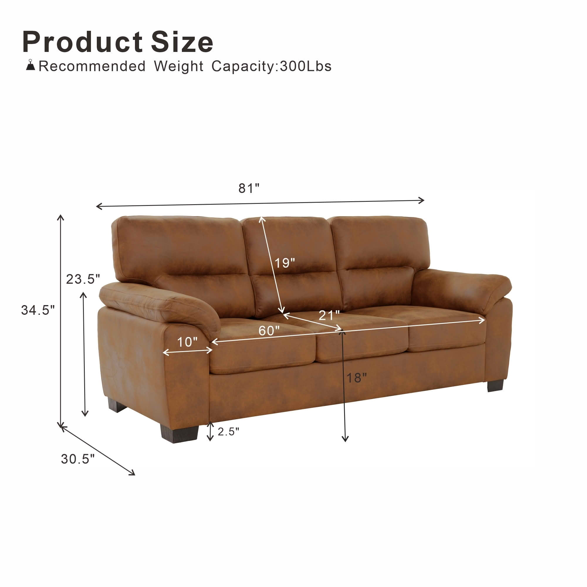 MAYEERTY 81 Inch Modern 3‑Seater Upholstered Sofa, Comfy Couch with Padded Armrests, Black Legs for Living Room