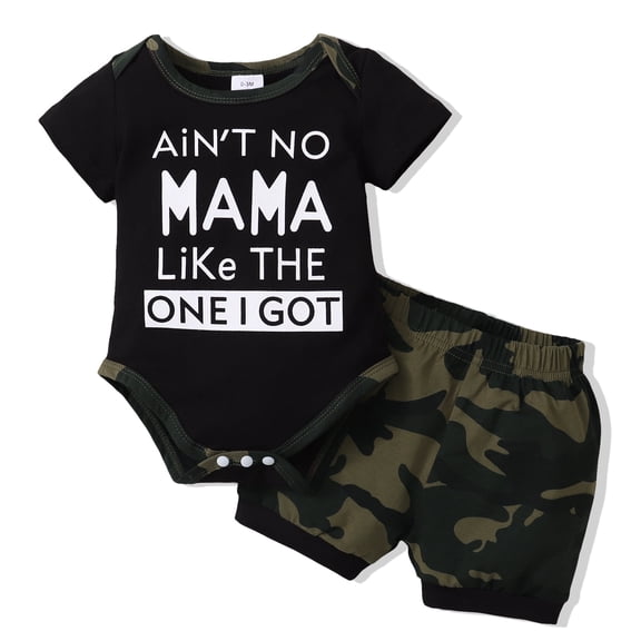 Kucnuzki Newborn Baby Boys Summer Outfits 3-6 Months Clothes Sets Short Sleeves Romper Letter Print Top Camouflage Shorts Sets 2pcs Black