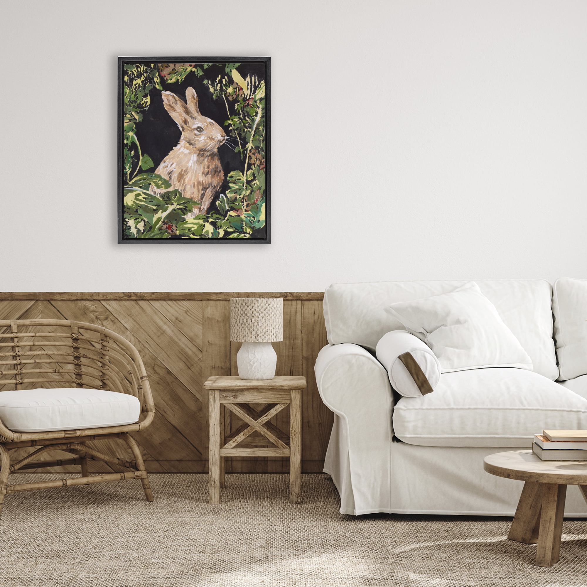 Stupell Industries Wreathed Botanicals Rabbit Black Framed Floater Canvas Wall Art, design by Melissa Wang