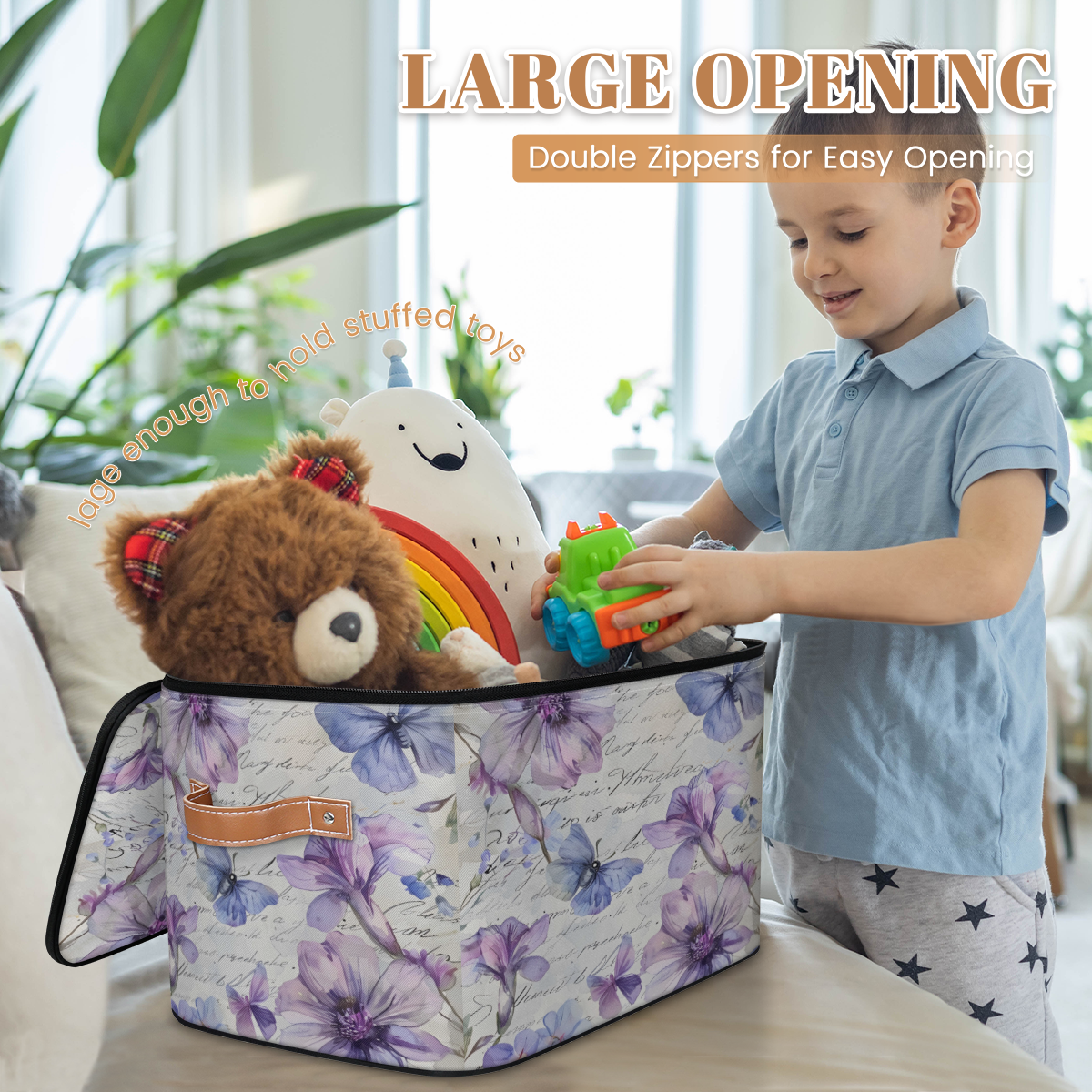 CURLYOOT Purple Flower Butterfly Fabric Storage Bins with Lids, Phrase Words Foldable Storage Boxes Washable Storage Cube, Closet Bedroom Home Organizer Containers with Handles