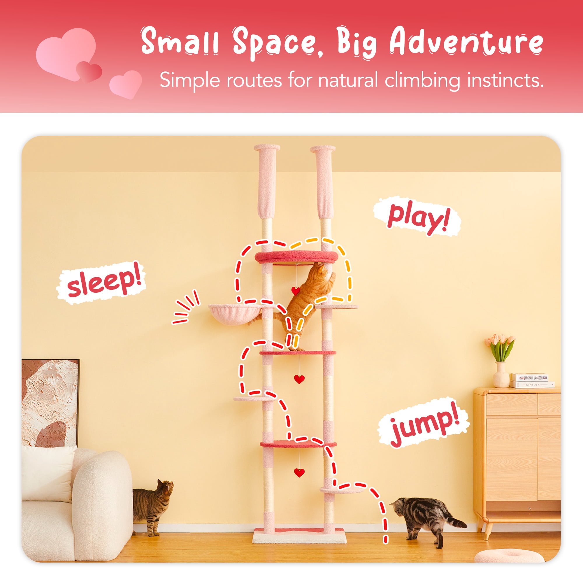 Furcato 92.1"-101.6" Adjustable Height Cat Tree, Floor to Ceiling Cat Tower, 7 Tiers Cat Climbing Tree with Hammock, Rose Pink