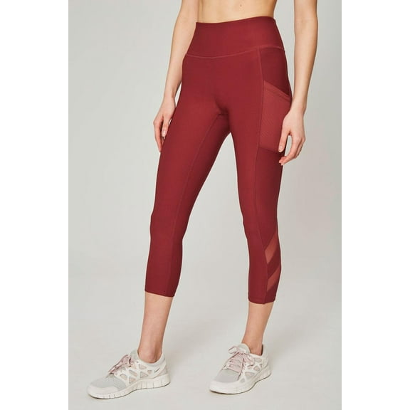 Mondetta Women's Midweight High Waisted Mesh Capri Legging(Oxblood Red, X-Large)