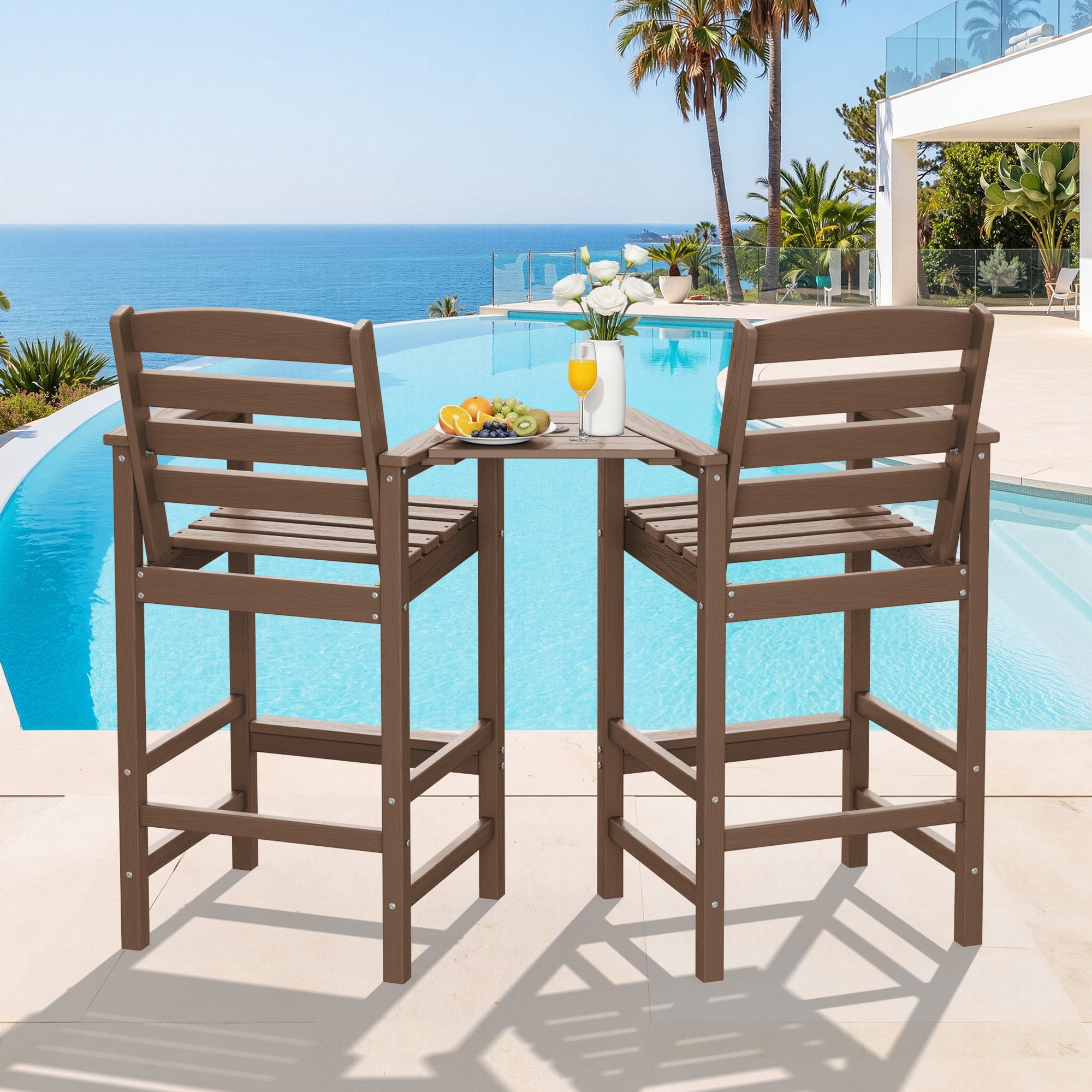 RIAFUN HDPE Height Bar Stools Set of 2 with Removable Connecting Table, Weather Resistant Outdoor Tall Adirondack Chairs with Umbrella Hole for Patio, Poolside, Garden, Brown