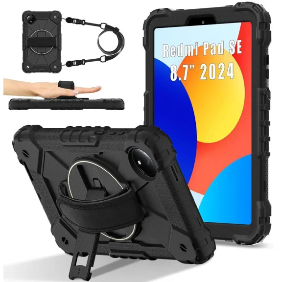 Case for Xiaomi Redmi Pad SE 8.7 inch 2024 with Rotating Stand Pencil Holder Hand/Shoulder Strap, Heavy Duty Shockproof Protective Cover