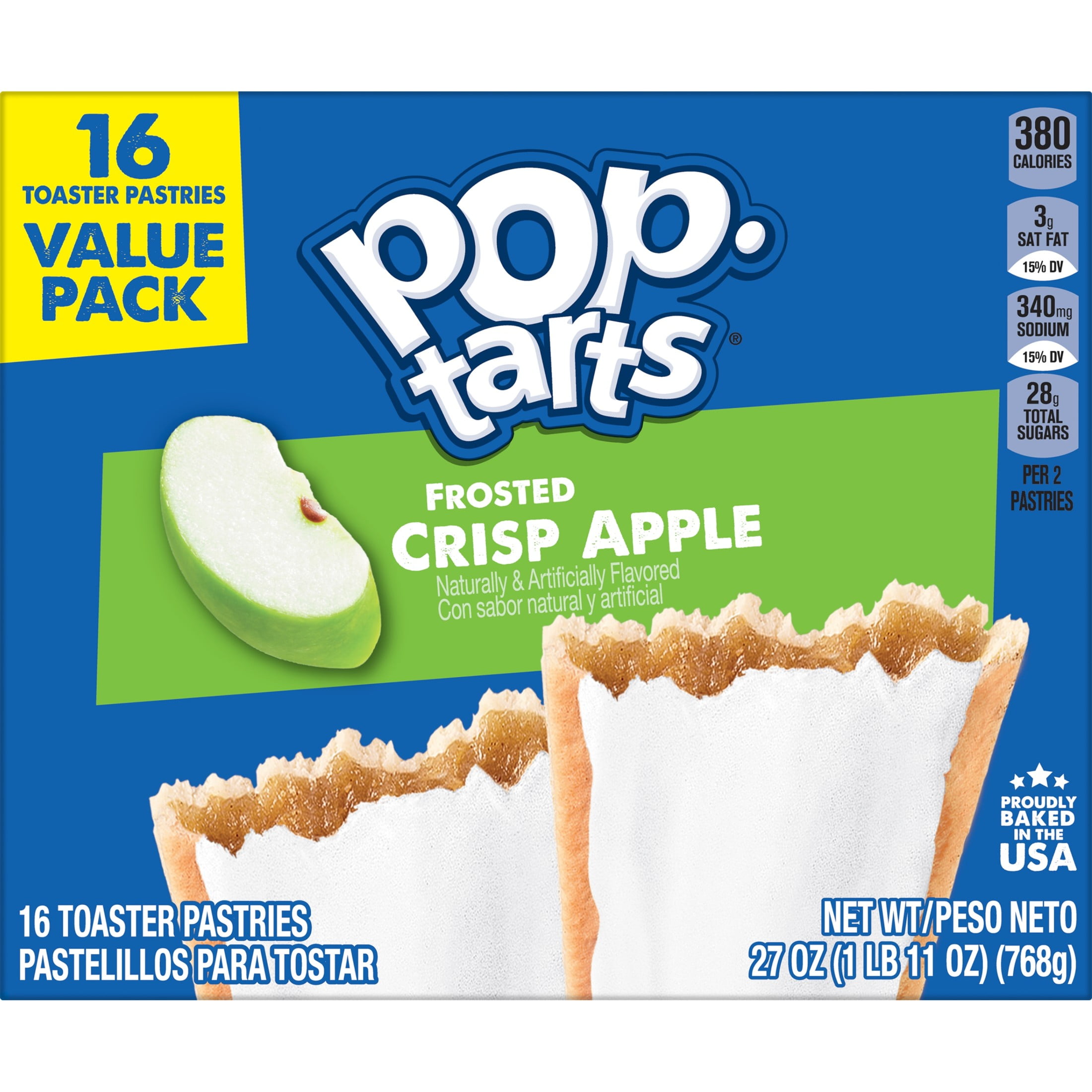 Pop-Tarts Frosted Crisp Apple Toaster Pastries, Breakfast Foods, Shelf-Stable, 27 oz (16 Count)
