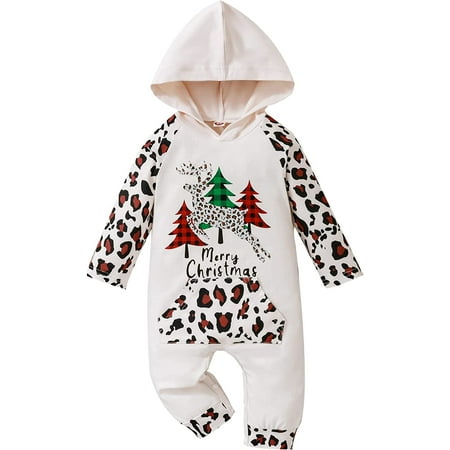 

PIKADINGNIS Baby Girls Boys My 1st Christmas Romper Santa Baby Letter Print Striped Patchwork Long Sleeve Hooded Bodysuit Jumpsuit