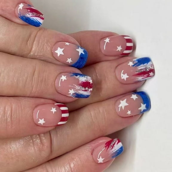 KUFptva Press on Nails Fake Nails Independence Day Artificial Glues on Nails Square False Nails 4th of July Manicure Decors