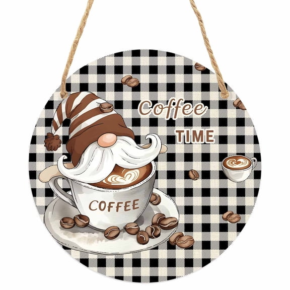 Coffee Gnomes Round Front Door Welcome Sign, 5.9 Inch Wall Hanging Decor for Indoor Outdoor, Farmhouse Brown Bean Plaid Black Grey Home Porch Hanger Decorations for Holiday Gift