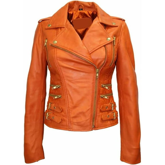 Celebrity Women's Orange Lambskin Leather Jacket Motorcycle Slim Fit Biker W491
