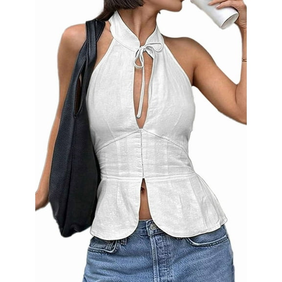 Women's Summer Halter Tops Sleeveless Cut Out Bow- Tie Backless Going Out Blouse White L