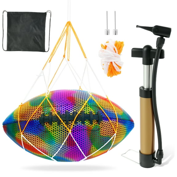 Austok PU Leather Holographic Football for Night Games Training Anti Slip Texture Reflective Football Leak Proof Nozzle Eye Catching Glowing Football for Children Adults