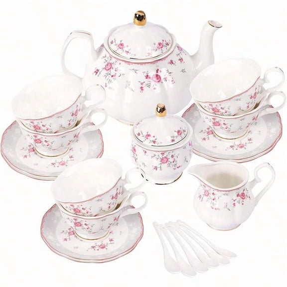 Vintage Porcelain Tea Set for Women Tea Party Cup and Saucer Set for 6 Wedding Floral Teapot Set for Adults Pink Rose