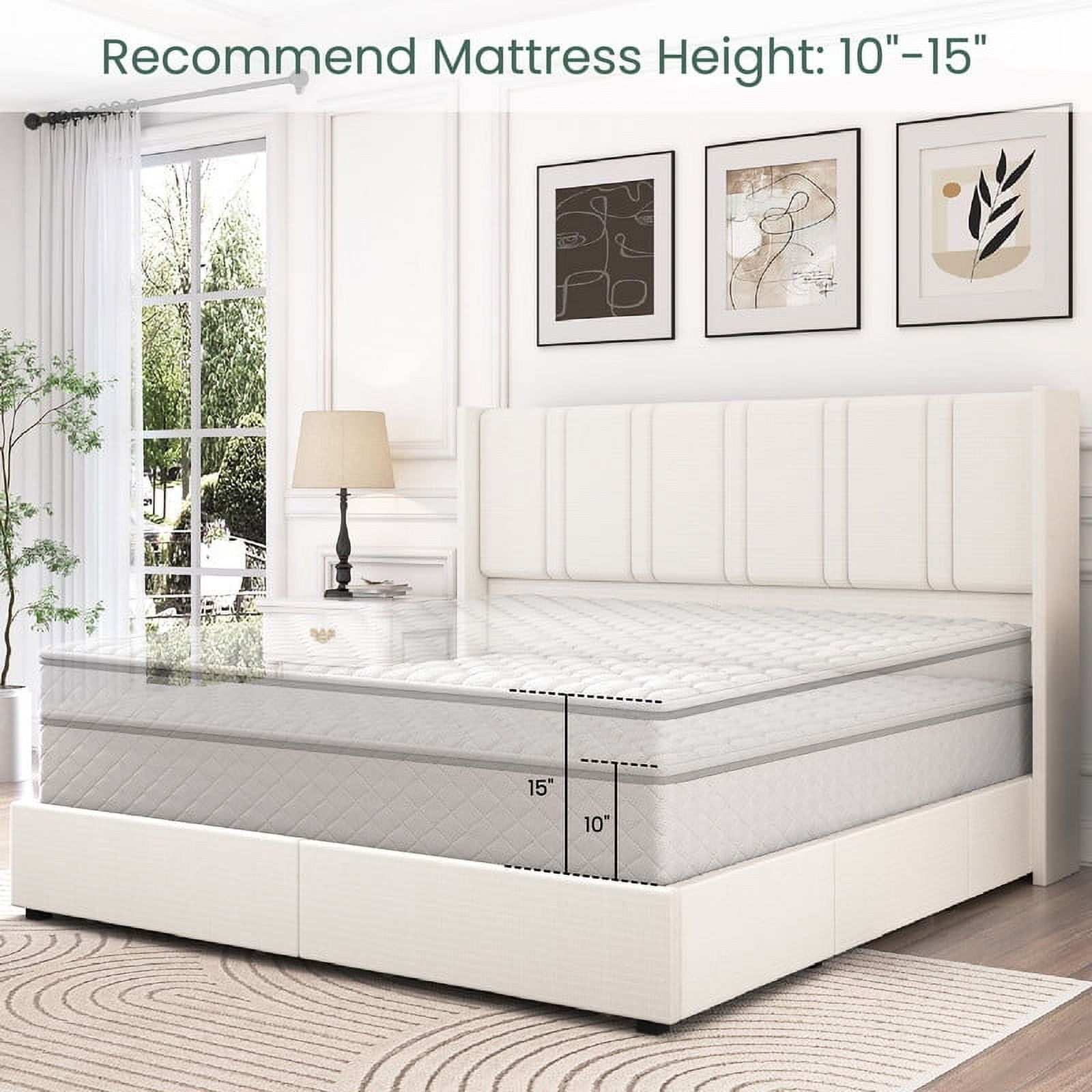 Breltam King Size Upholstered Platform Bed Frame with 4 Storage Drawers and Vertical Linen Wingback Channel Tufted Headboard