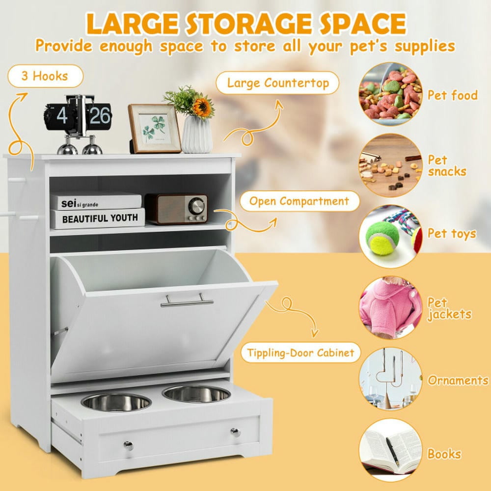 Topcobe Pet Feeder Station with with Storage Cabinet and 2 Elevated Dog Bowls, Hidden Dog Feeding Station-White