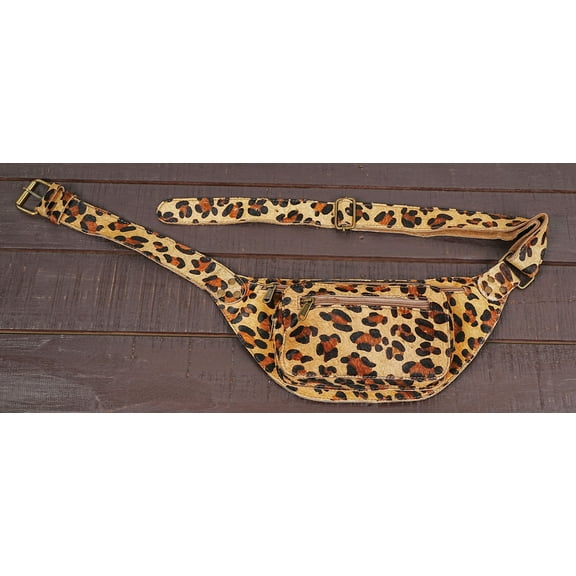 Leopard Print Leather Waist Bag with Adjustable Belt, Multiple Compartments, 100% Handmade, Light Brown