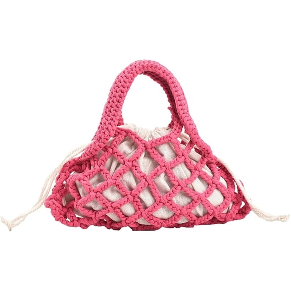 Kukuzhu Women Cotton Rope Top-handle Bag Summer Beach Handwoven Handbag Cotton Crochet Fishing Net Handbag Casual Bag Pouch Purse