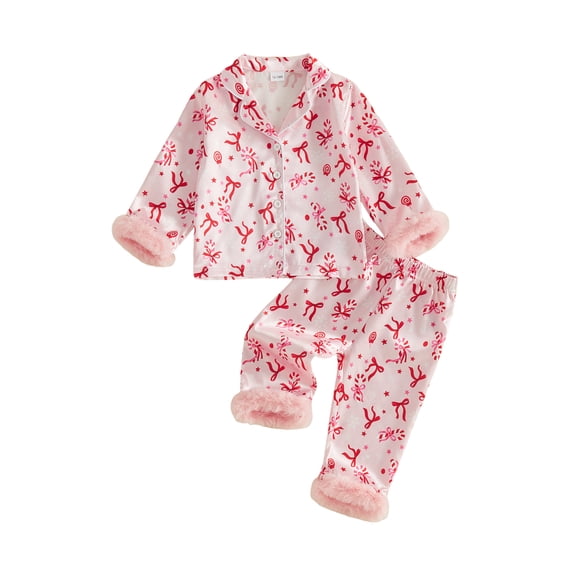 Cjfdfy Toddler Baby Girl Christmas Pajamas Set Candy Cane Bow Print Long Sleeve Fuzzy Trim Shirt Pants Set Kid Cute My First Christmas Fall Winter Loungewear 1-6Y