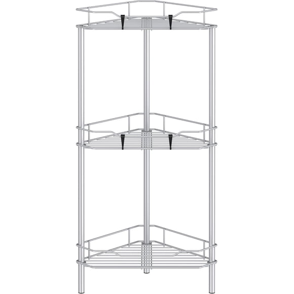 HuggieGems 3 Tier Floor Standing Corner Shower Caddy Organizer Shelf with Hooks, Bathroom Shelves Stand Rack, Silver