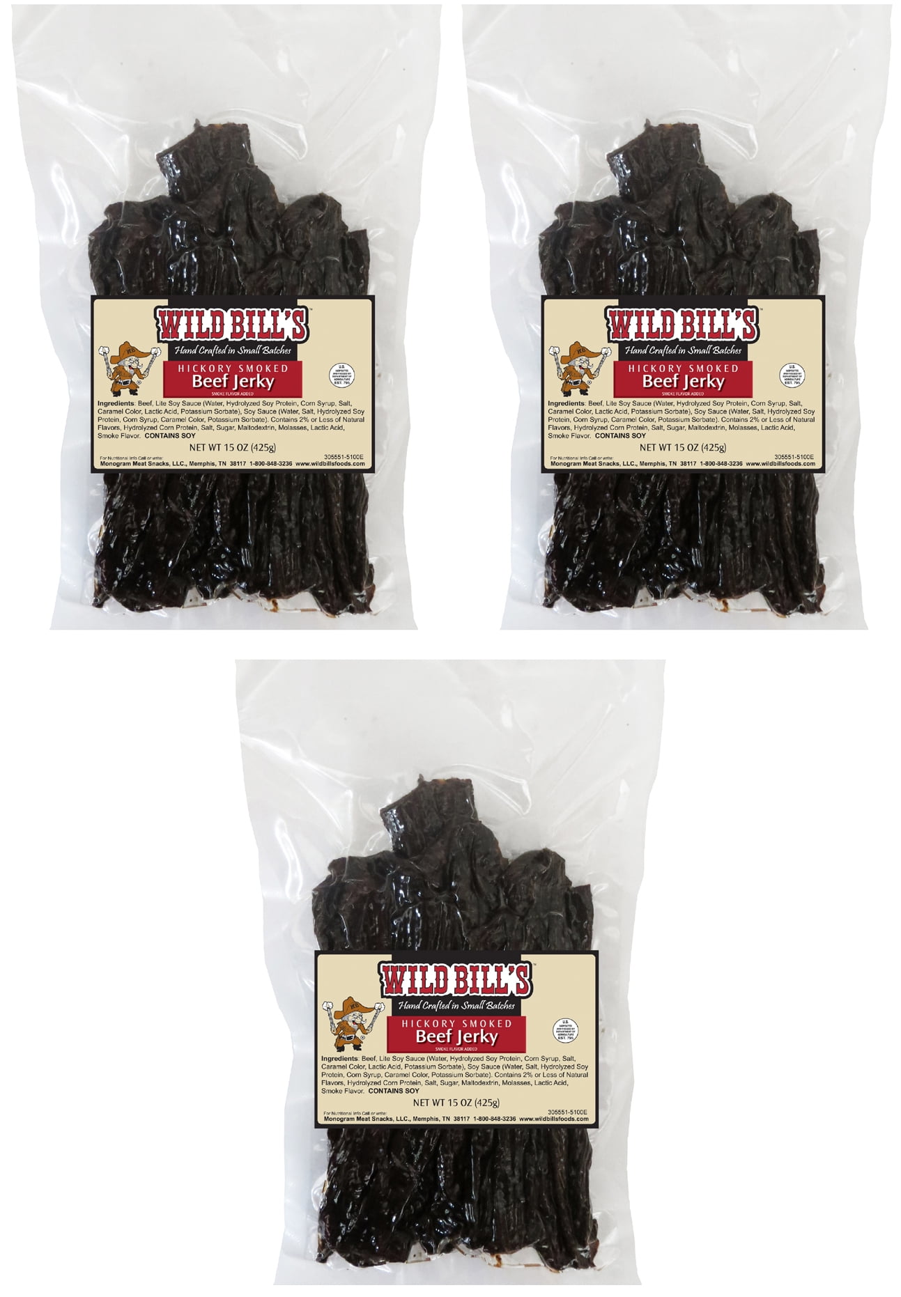 Wild Bill's Original Hickory Smoked Beef Jerky Three-Bag Starter Kit (three 15oz bags and 1 jar)