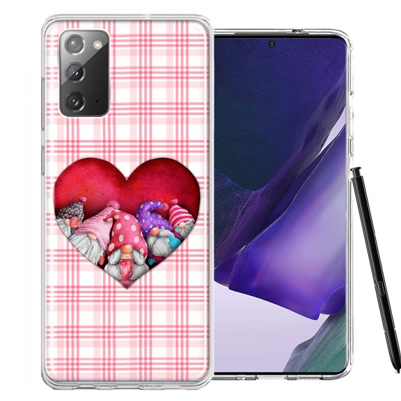 MUNDAZE for Samsung Galaxy Note 20 Valentine's Day Garden Gnomes Heart Love Pink Plaid Double Layer Phone Case Cover