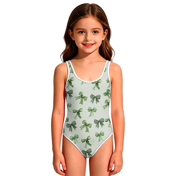 CCRFTGI Girls Swimsuits Size 7 Summer Cute Bowknot Print Quick Dry High Cut Print Vacation Swimwear Girls One Piece Swimsuits Bathing Suit for Beach Light Green 5-6 Years