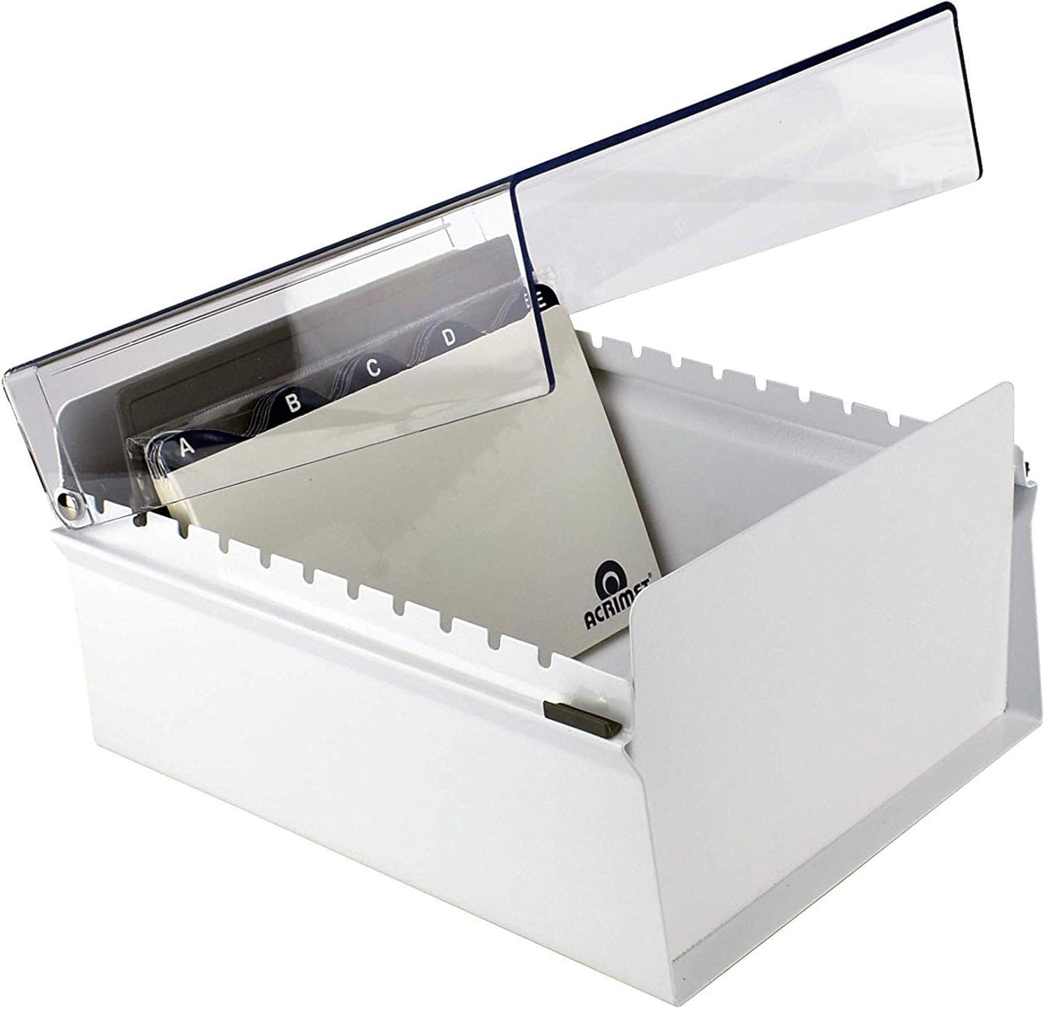 Acrimet 5 X 8 Card File Holder Organizer Box Metal Base Heavy Duty (AZ Index Cards and Divider Included) (White Color with Clear Crystal Plastic Lid Cover)