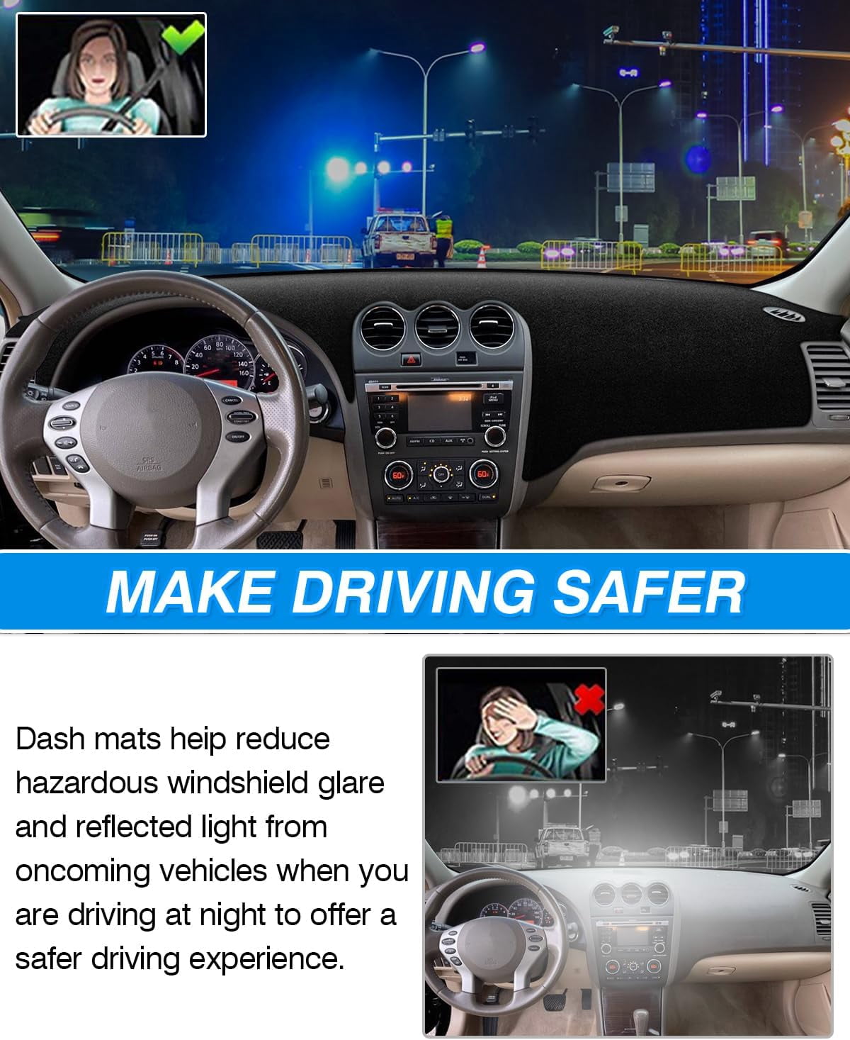 Canvcle Dash Cover Compatible with Nissan Altima 2007 2008 2009 2010 2011 2012 Accessories Dashboard Cover Mat Non-Slip Carpet Sunshield Glare UV Rays Protector