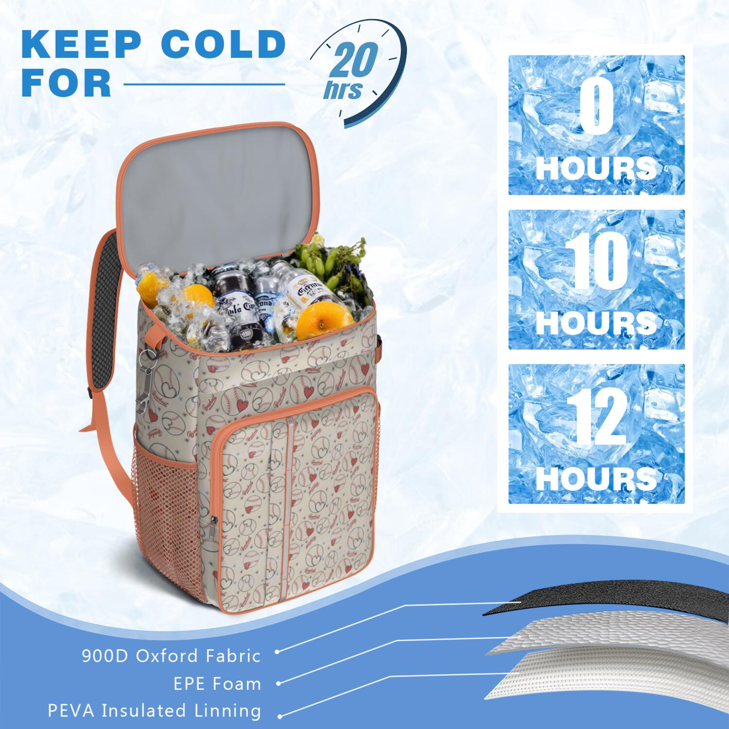 Travel Cooler Bag - Baseball Heart Pattern Camping Beer Cooler Backpack with Bottle Opener- Waterproof Insulated Picnic Backpacks - Cooler Bag for Beach