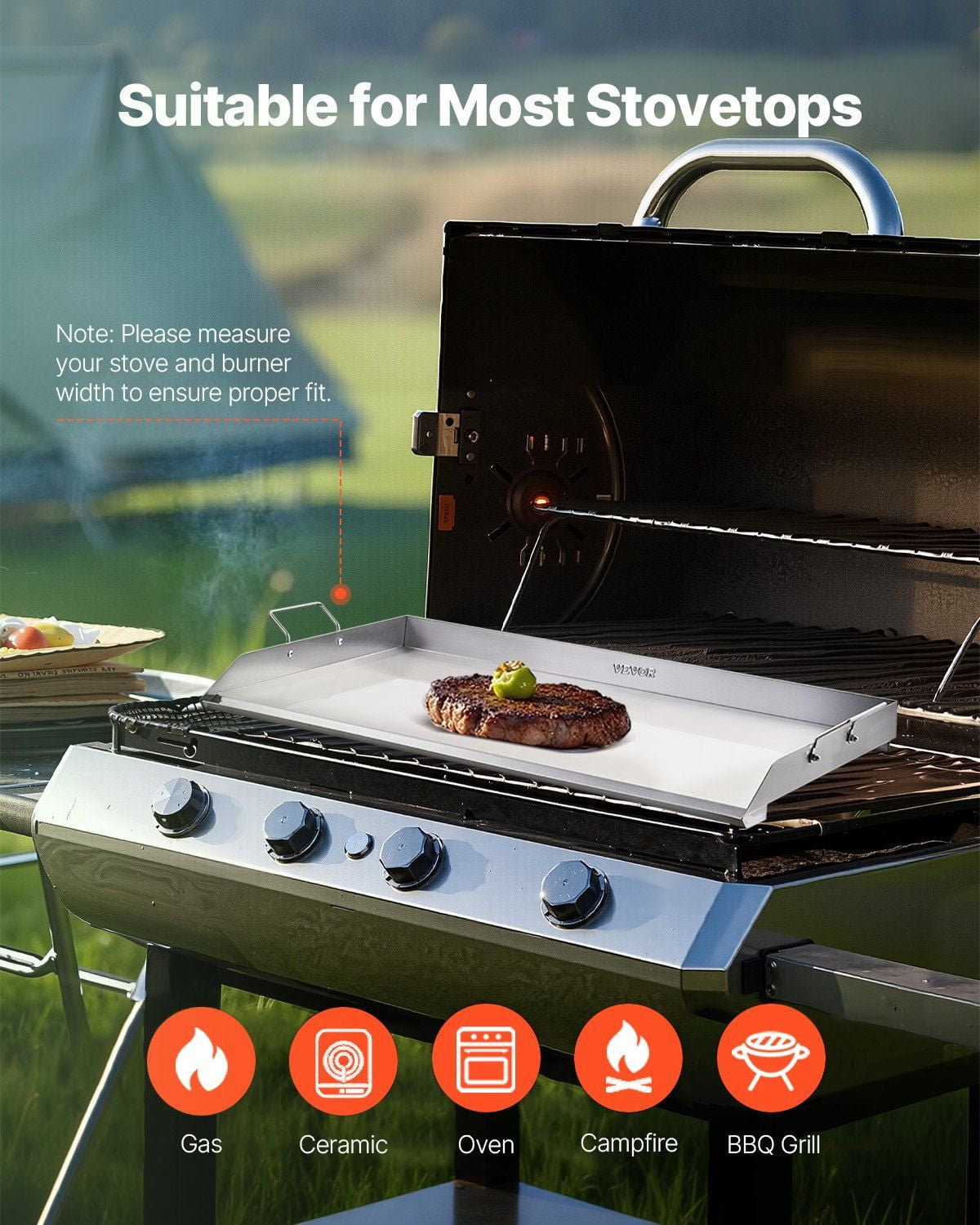 36x22 in Stainless Steel Flat Top Griddle for Gas Grill, Universal BBQ Grill Pan with X-Shaped Reinforcement, Grease Trough, Sidewalls, and Large Cooking Surface for Outdoor Cookware