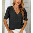 thumbnail image 3 of Camiseta de manga corta abombada con cuello en V para mujer, camiseta informal holgada para uso en verano, color negro XL, 3 of 7