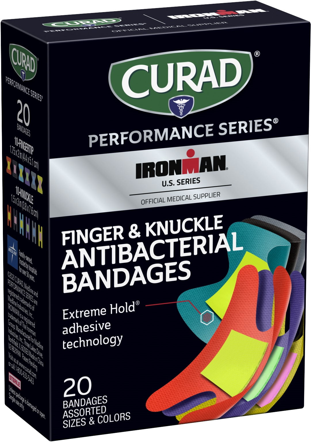 Curad Performance Series Ironman Fingertip and Knuckle Antibacterial Bandages, Extreme Hold Adhesive Technology, Fabric Bandages, 20 ct (Pack of 2)