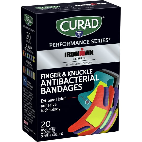 Curad Performance Series Ironman Fingertip and Knuckle Antibacterial Bandages, Extreme Hold Adhesive Technology, Fabric Bandages, 20 ct (Pack of 2)