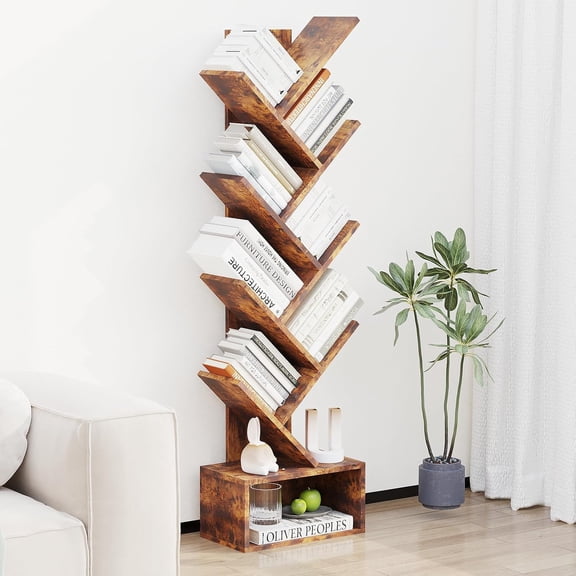51.6 in Tall 8-Tier Tree Bookshelf Corner Bookcase with Open Cubby, Space-Saving Storage Shelf and Anti-Tip Kit for Bedroom, Living Room, Office