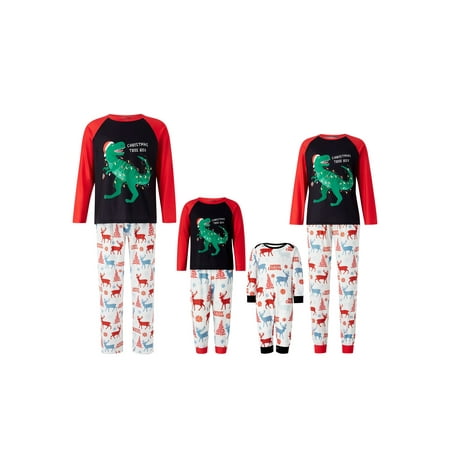 

Christmas Parent-Child Pajama Set Cartoon Dinosaur Contrasting Color Long Sleeve Tops + Elk Snowflake Pants / Baby Romper
