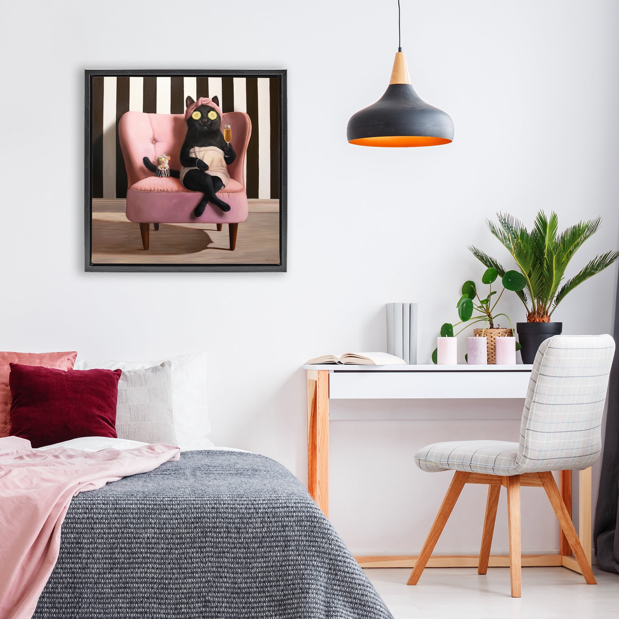 Stupell Industries Pamper Party Cat Black Framed Floater Canvas Wall Art, design by Lucia Heffernan