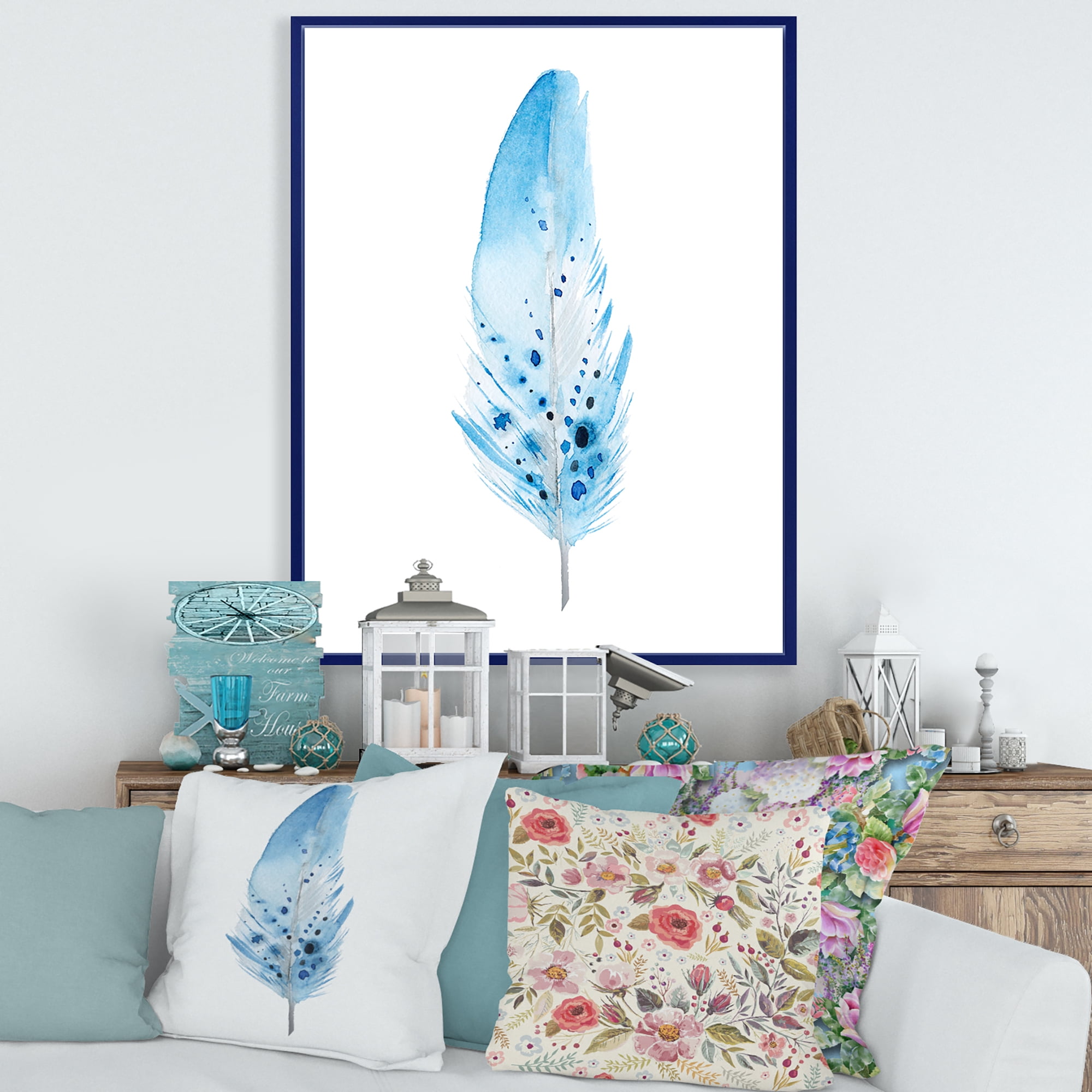 Designart 'Abstract Blue Boho Feathers' Bohemian & Eclectic Framed Canvas Wall Art Print