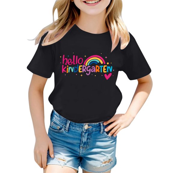 School Uniform Tshirts Children Letter Graphic T Shirt Short Sleeve Crewneck Top Girls Tshirts Black 3-4 Years