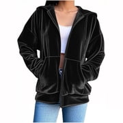 Women's Velour Hooded Jacket Long Sleeve Full Zip Outerwear Soft Warm Velvet Jacket with Side Pockets Black S