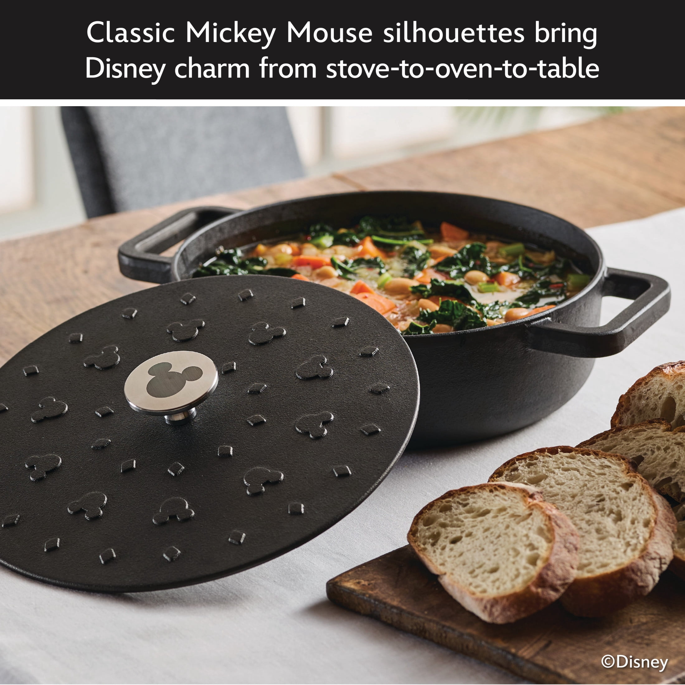 Farberware Disney Mickey Mouse Monochrome 3 Quart Cast Iron Shallow Casserole, Black