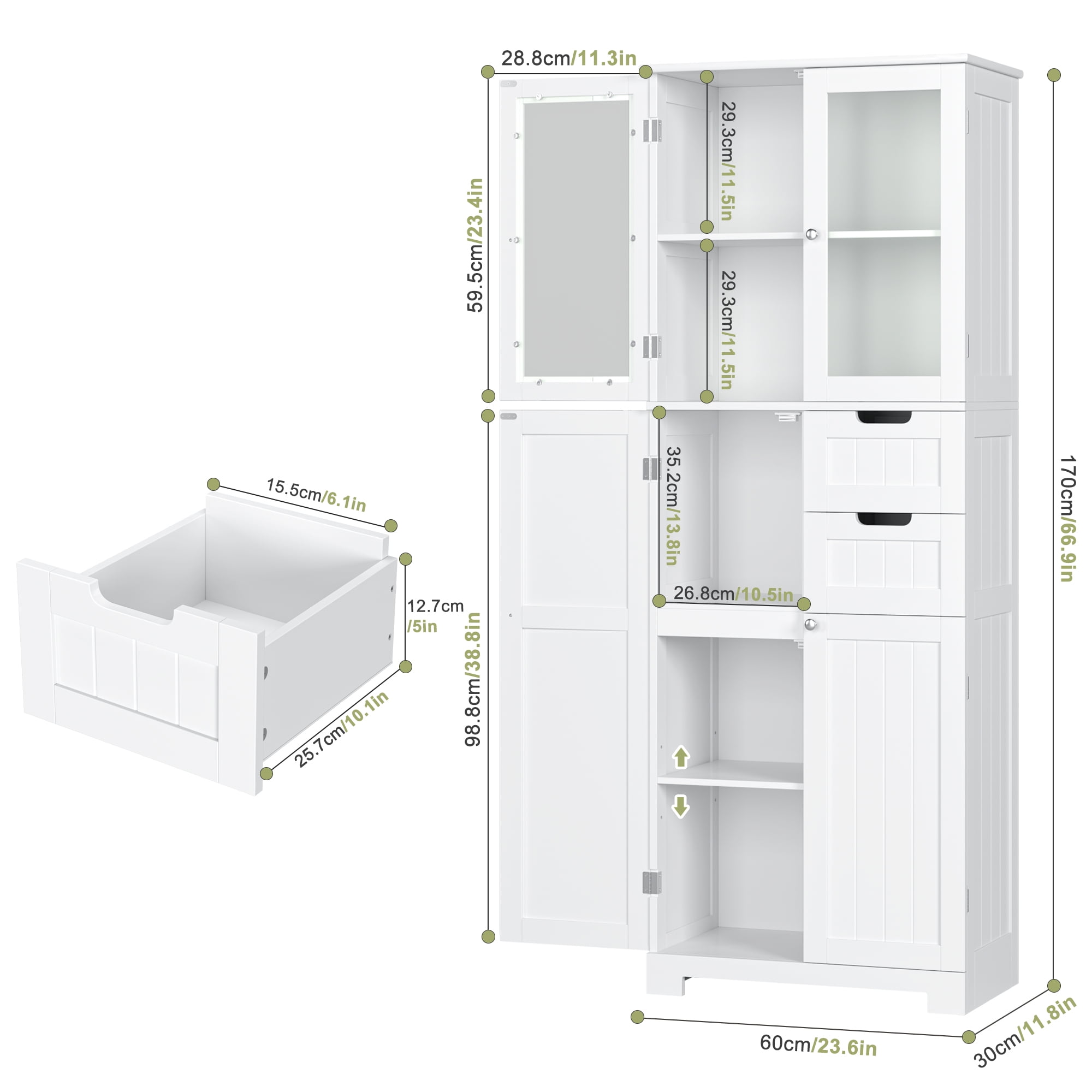 Homfa 4 Doors Linen Storage Cabinet, 3-Tier Wood Tall Cabinet Cupboard with  2 Drawers for Living Room Bathroom, White