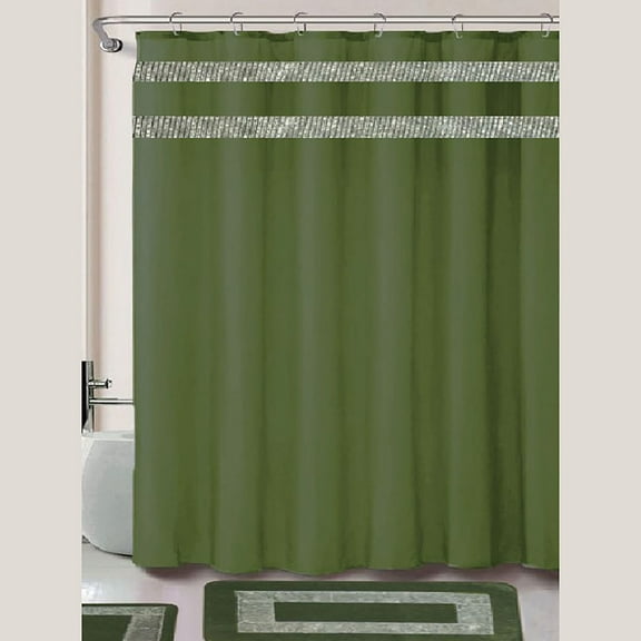 Damaris Diamond 15 Piece Bathroom Mats and Shower Curtain Set, Sage