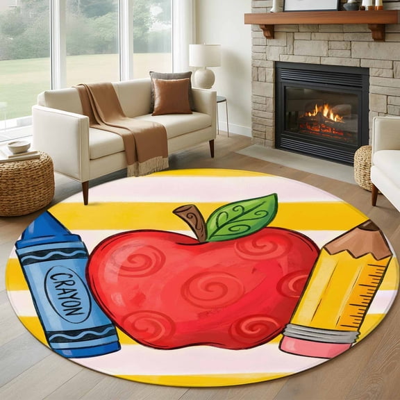 Round Area Rugs Collection 8 Ft, Children's Day Non-Slip Residential Carpet, Funny Cartoon Pencil Yellow Striped Indoor Crawling Mats Runner Rugs for Living Room/Dining Room/Bedroom